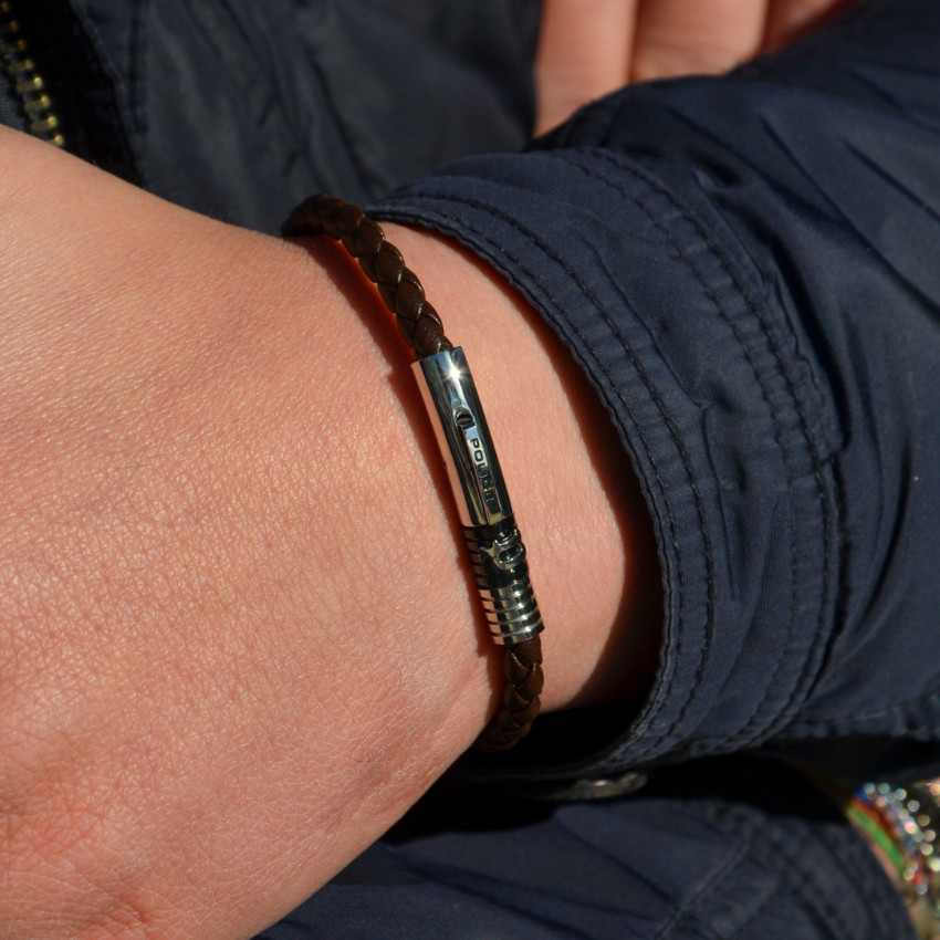 PULSEIRA POLICE MODISH AÇO E PELE CASTANHA 'PJ26430BLC02'