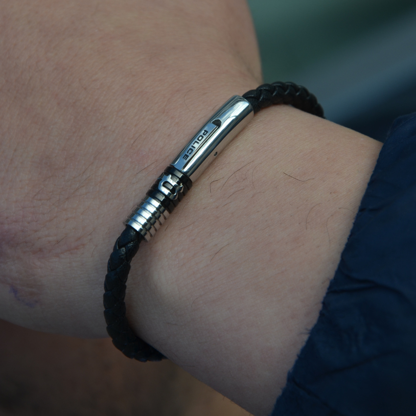 PULSEIRA POLICE MODISH AÇO E PELE PRETA 'PJ26430BLB01'